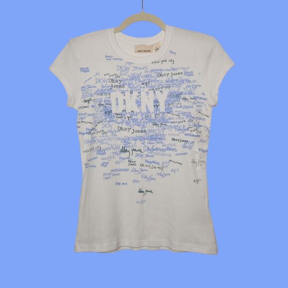 NWT Vintage y2k DKNY All Over Babydoll Shirt Small 00s White Graffiti Art - Picture 1 of 6